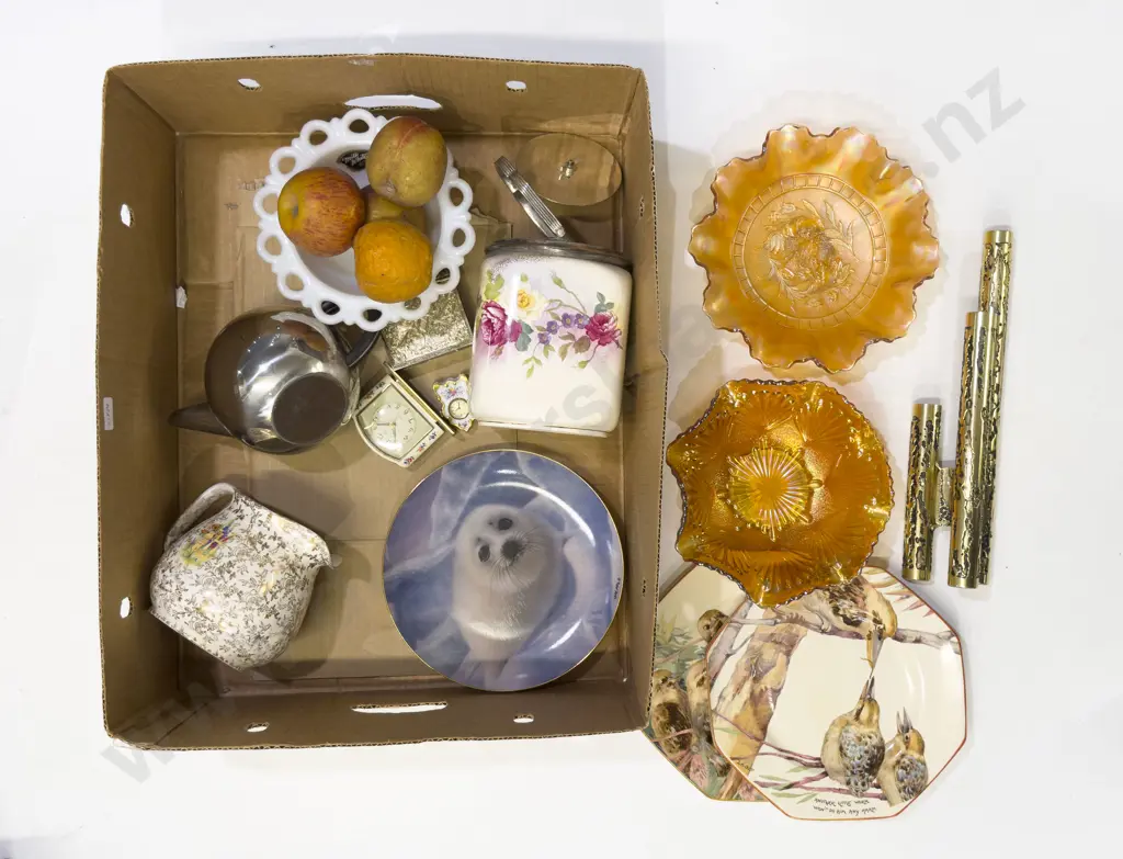 Box Qty of Assorted incl Carnival Glass Biscuit Barrel etc Image 1++