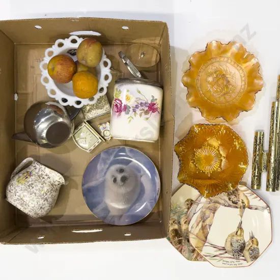 Box Qty of Assorted incl Carnival Glass Biscuit Barrel etc