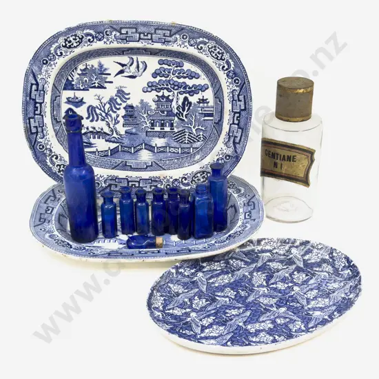 Two Small Willow Pattern Ashets together with Assorted Vintage Glass Bottles
