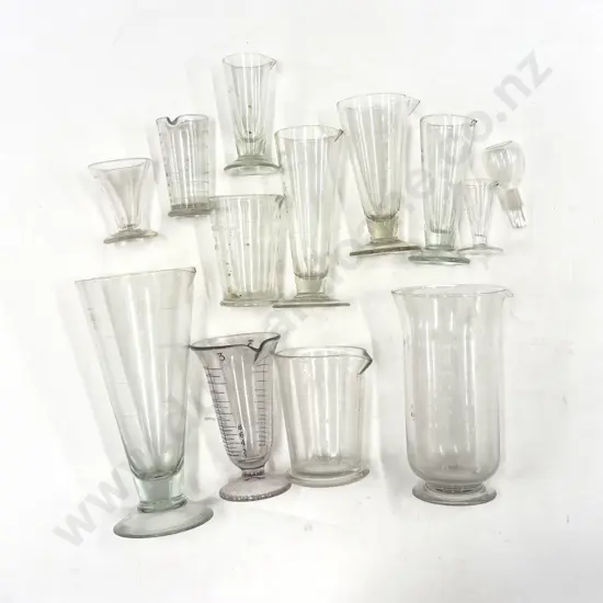 Qty of Assorted Antique Etched Apothecary Vintage Measuring Beakers etc