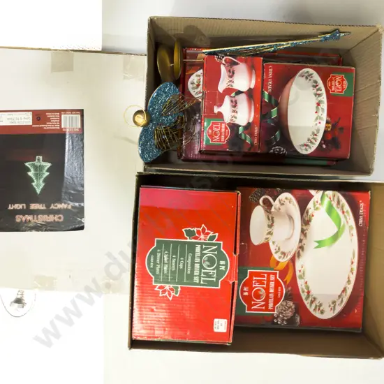 Qty of Boxed Noel Christmas Themed China Sets & Assorted Christmas Decorations