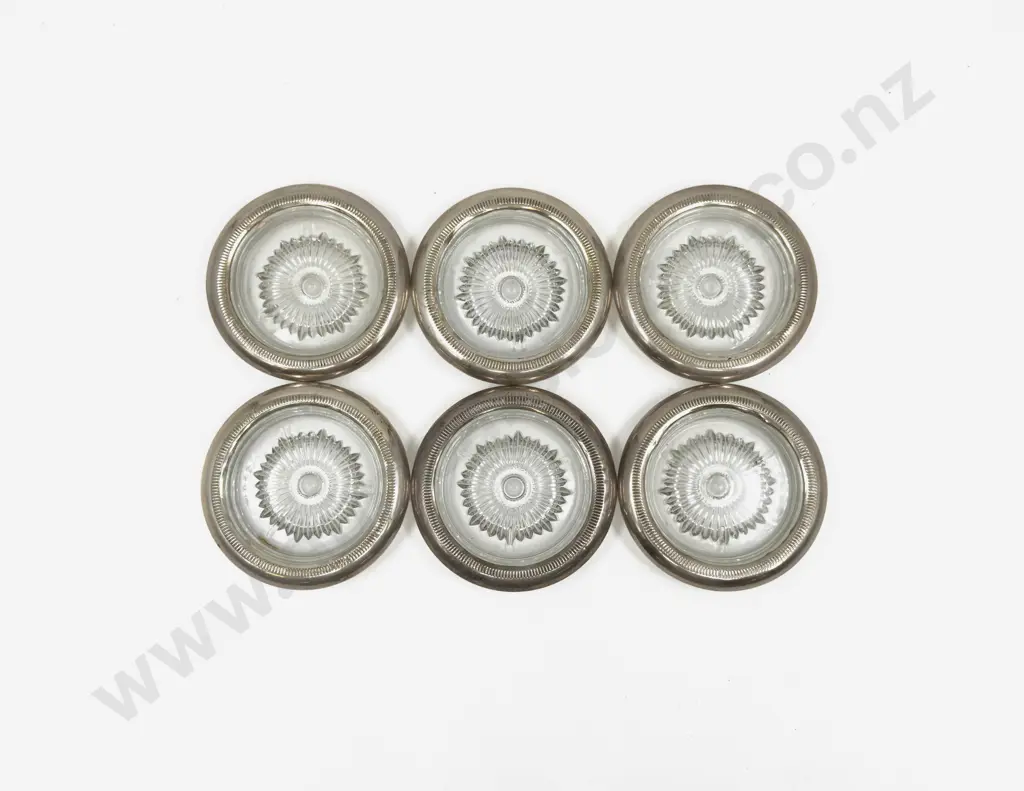 Set of Six Pressed Glass & Sterling Rimmed Coasters Image 1++