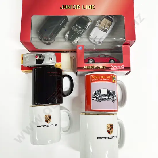 Schuco & Solido Boxed Models with Four Porsche Mugs