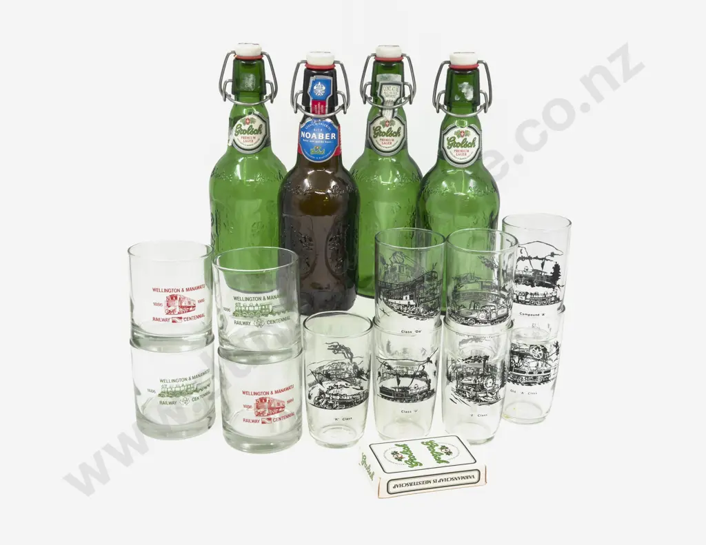 Various Railway Decorated Drinking Glasses & Four Grolsch Stoppered Bottles Image 1++