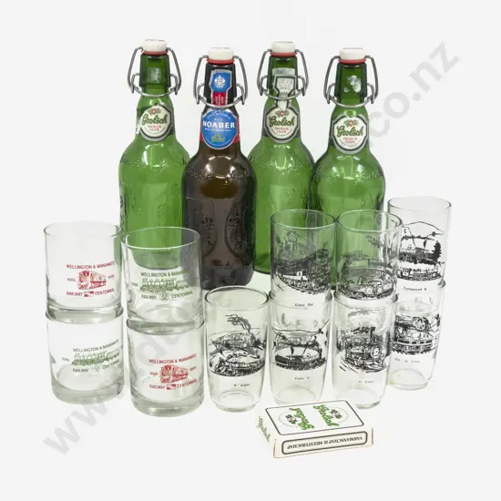 Various Railway Decorated Drinking Glasses & Four Grolsch Stoppered Bottles