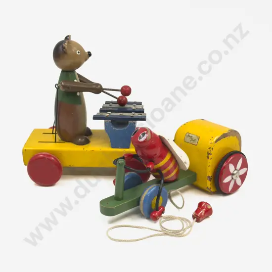 Vintage NZ Wooden Pull Along Buzz Buggy & Bruno Bear
