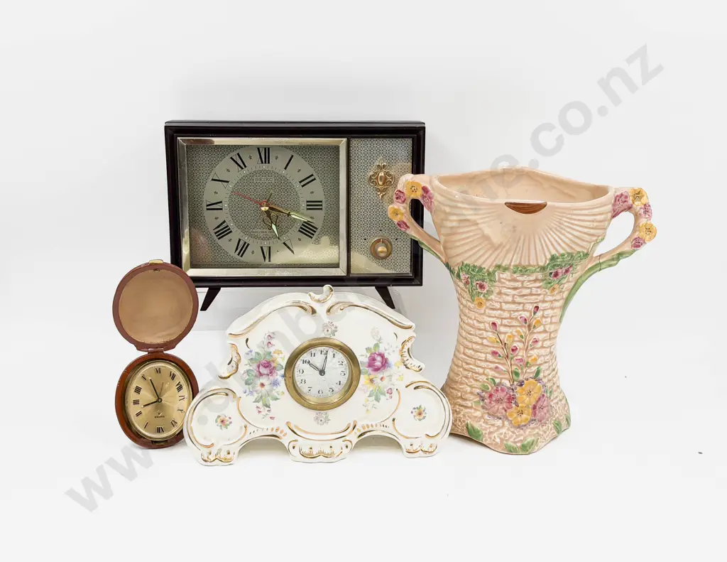 Three Assorted Clocks Together with Arthur Wood Vase Image 1++
