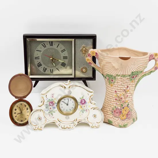 Three Assorted Clocks Together with Arthur Wood Vase