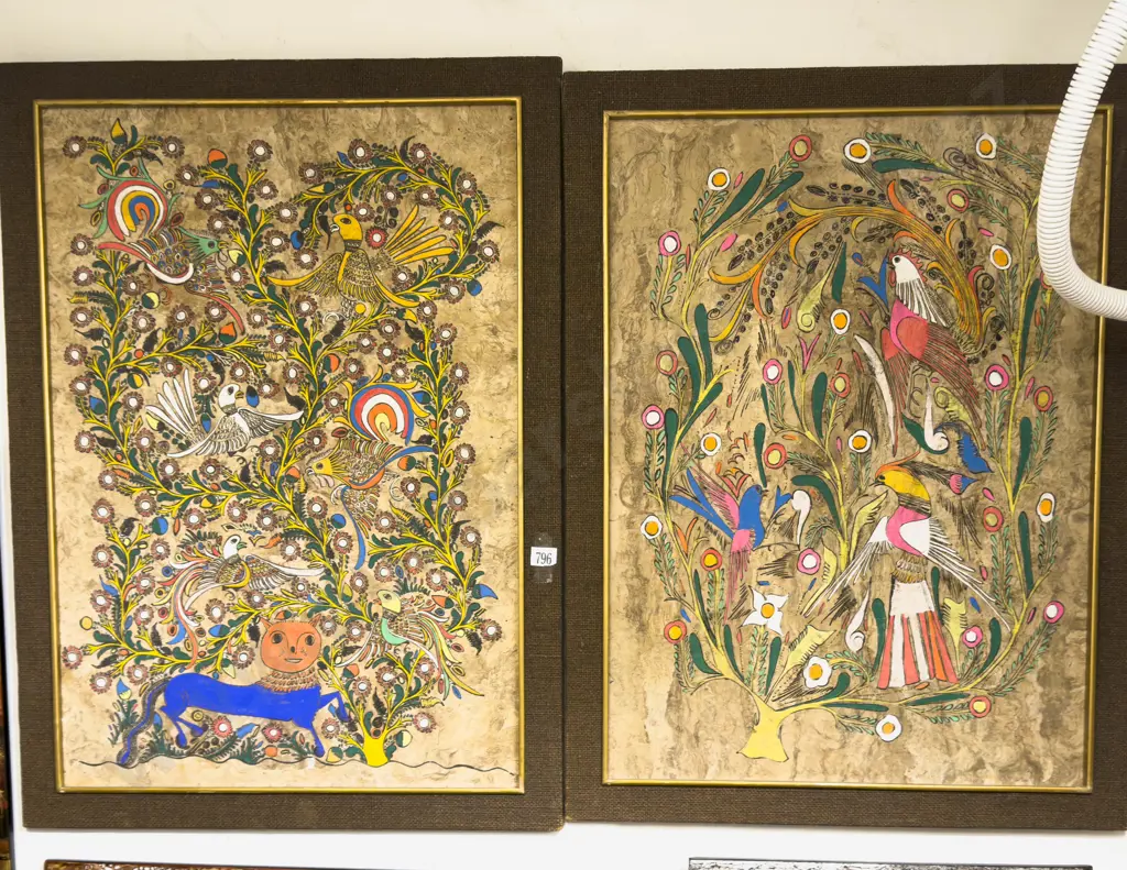 Pair of Mexican Mixed Media Art Works on Bark Image 1++