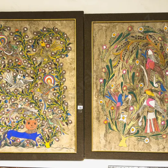 Pair of Mexican Mixed Media Art Works on Bark