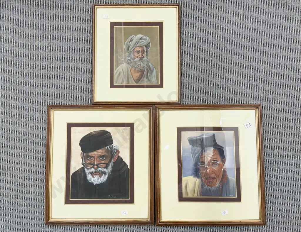 Unknown Artist - Three Indian Portrait Studies - Gouache on Silk Image 1++