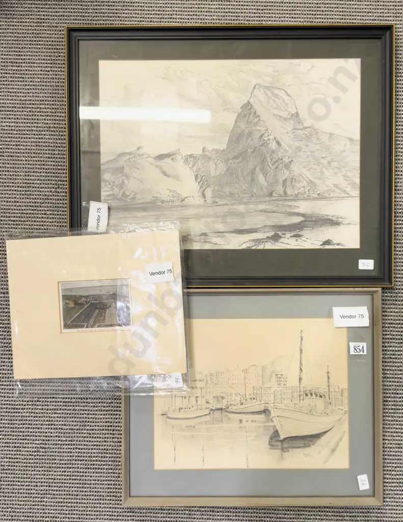 F.P. Dell - Cliffside Landscape - Graphite on Paper together with Two Others Image 1++