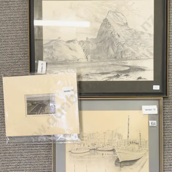 F.P. Dell - Cliffside Landscape - Graphite on Paper together with Two Others