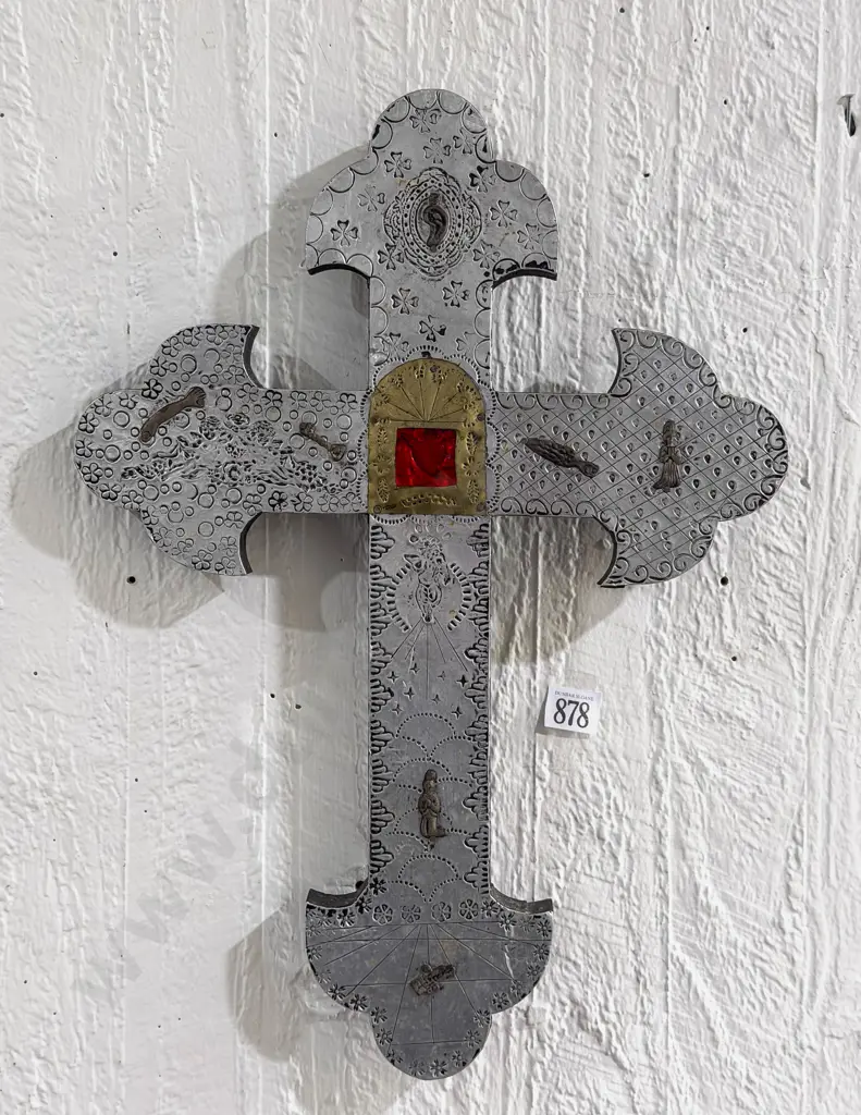 Decorative Ecclesiastical Wall-Hanging Cross with Milagros Embellishments Image 1++