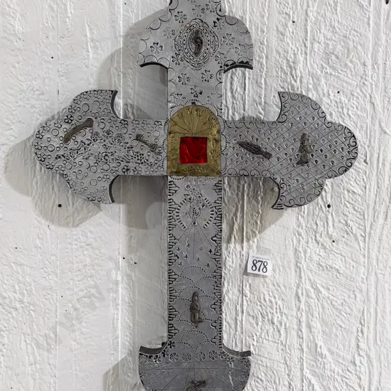 Decorative Ecclesiastical Wall-Hanging Cross with Milagros Embellishments