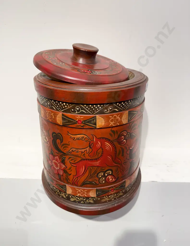 Hand-Painted Decorative Wooden Lidded Jar Image 1++