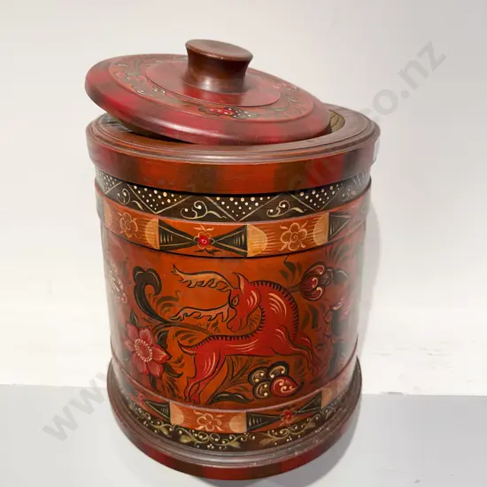 Hand-Painted Decorative Wooden Lidded Jar