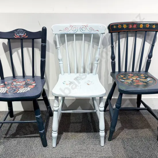 Mixed Set of Three Hand-Painted Stick Back Chairs