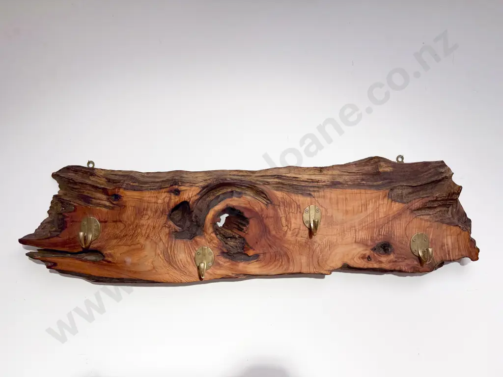Natural Form Wooden Coat Rack with Brass Hooks Image 1++