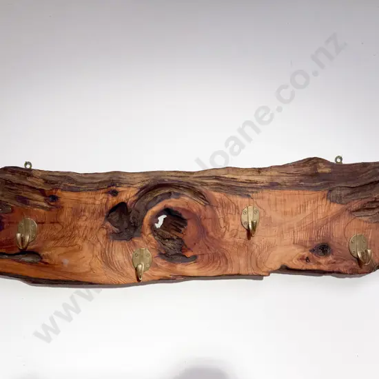 Natural Form Wooden Coat Rack with Brass Hooks