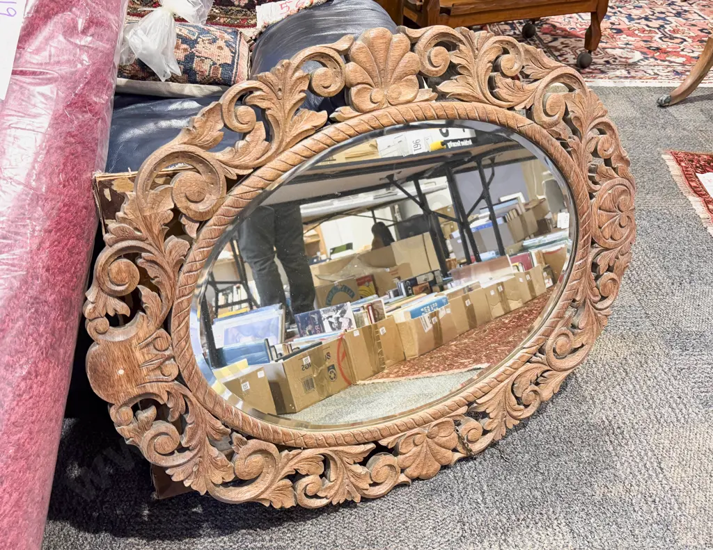 Oval Bevel Edged Wall Mirror with Pierced Carved Frame Image 1++