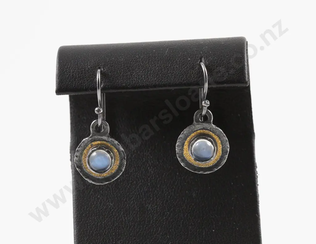 Unidentified NZ Jeweller Pair 22ct and S/S Single Stone Moonstone Pendant Drop Earrings Image 1++