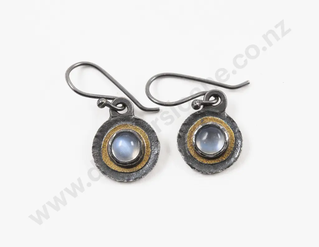 Unidentified NZ Jeweller Pair 22ct and S/S Single Stone Moonstone Pendant Drop Earrings Image 1++