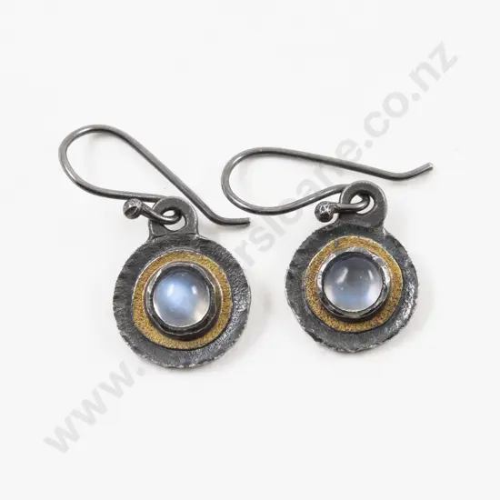 Unidentified NZ Jeweller Pair 22ct and S/S Single Stone Moonstone Pendant Drop Earrings