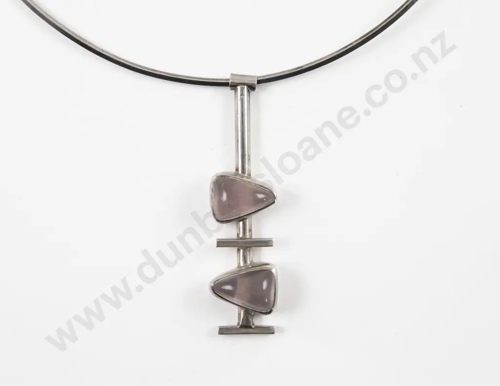 Unidentified NZ Jeweller S/S Two Stone Rose Quartz Modernist Pendant Image 1++