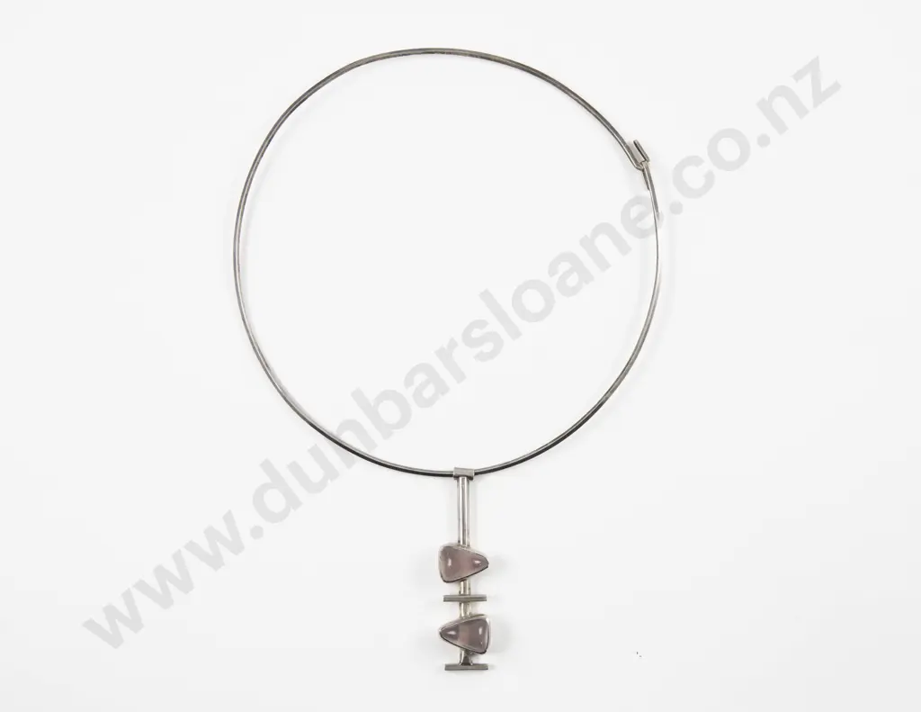 Unidentified NZ Jeweller S/S Two Stone Rose Quartz Modernist Pendant Image 1++