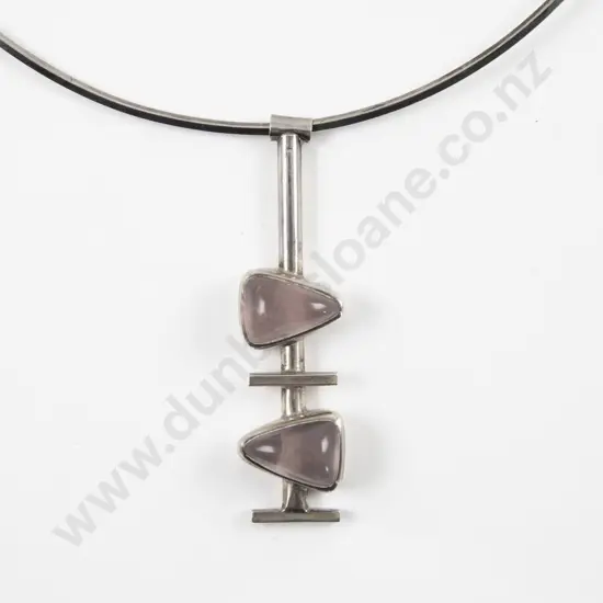 Unidentified NZ Jeweller S/S Two Stone Rose Quartz Modernist Pendant