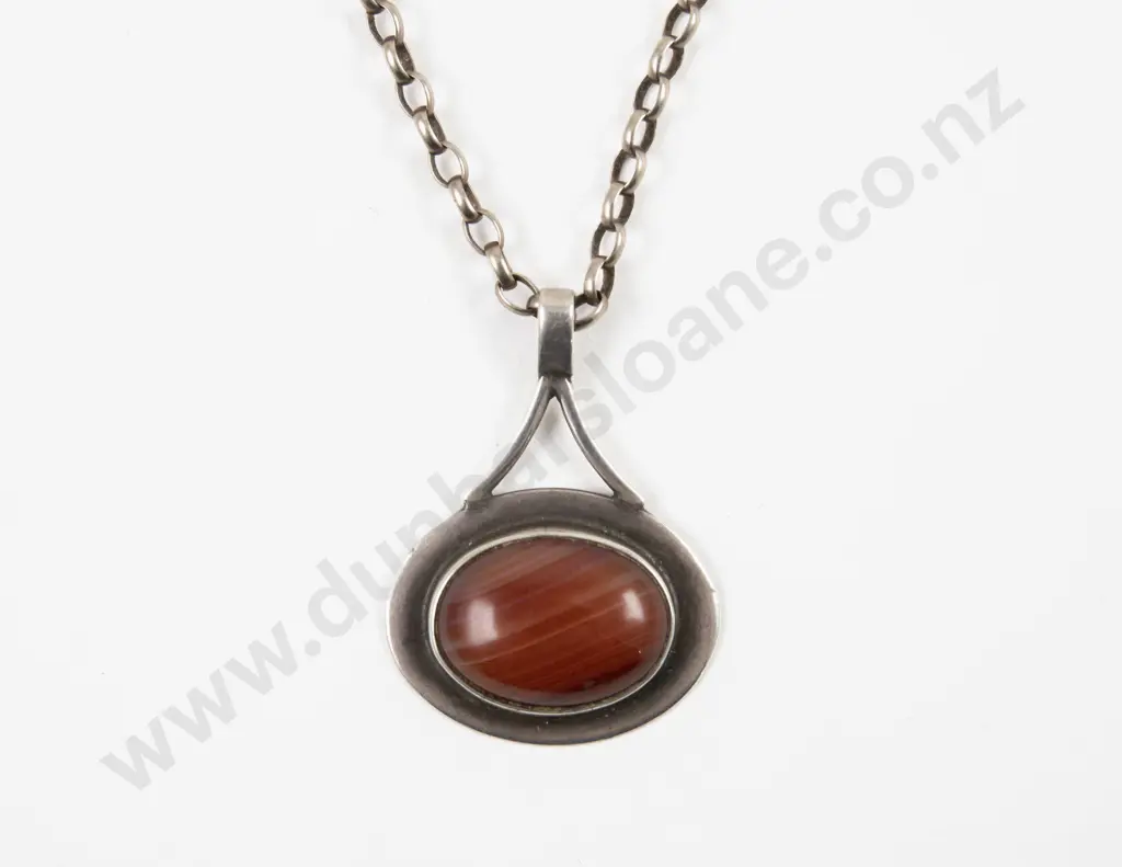 Unidentified NZ Jeweller S/S and Agate Oval Shape Modernist Pendant Image 1++
