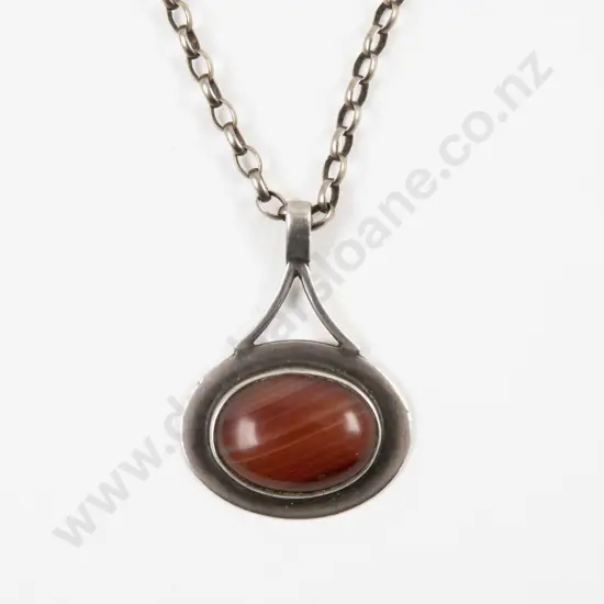 Unidentified NZ Jeweller S/S and Agate Oval Shape Modernist Pendant