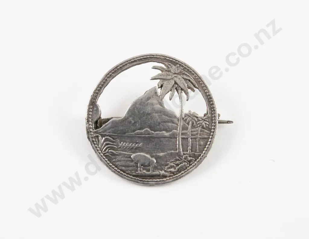 1875 NZ John Gilmour New Plymouth One Penny Trade Token Cut-Out Conversion Brooch Image 1++