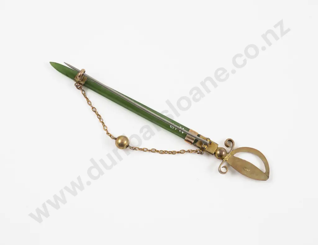 NZ Colonial 9ct Mounted Greenstone Sword Brooch Image 1++