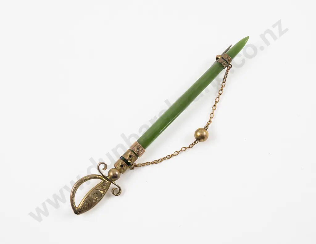 NZ Colonial 9ct Mounted Greenstone Sword Brooch Image 1++