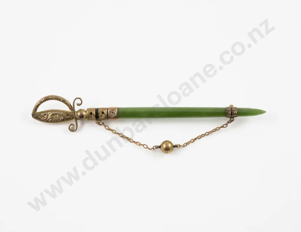NZ Colonial 9ct Mounted Greenstone Sword Brooch Image 1++