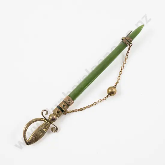 NZ Colonial 9ct Mounted Greenstone Sword Brooch