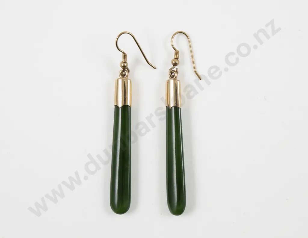 Pair NZ 9ct Mounted Greenstone Pendant Drop Earrings Image 1++