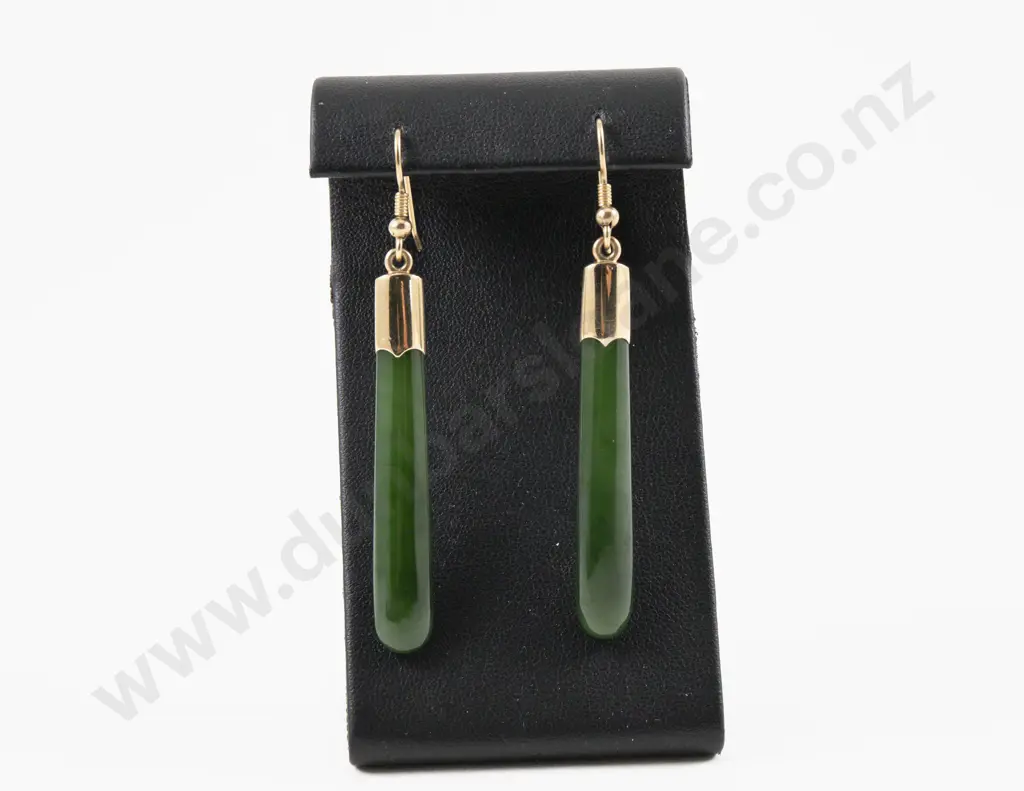 Pair NZ 9ct Mounted Greenstone Pendant Drop Earrings Image 1++