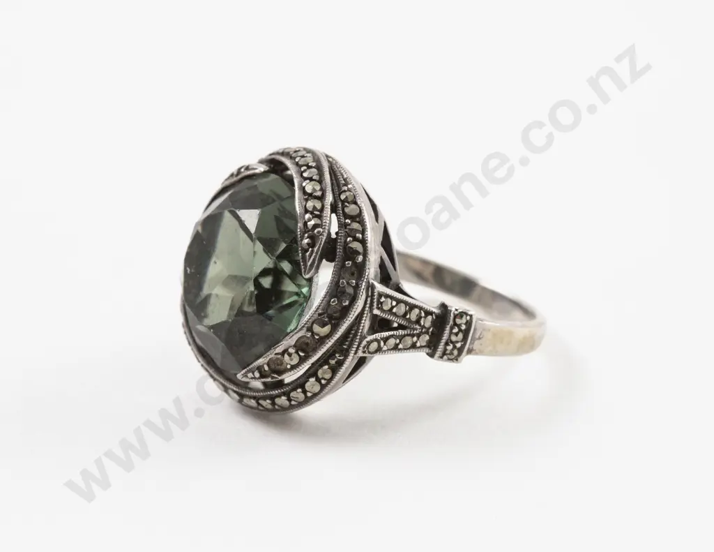 S/S Green Crystal and Marcasite Dress Ring Image 1++