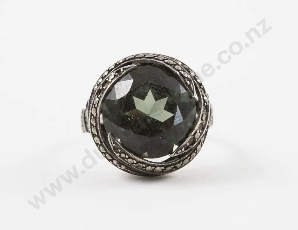 S/S Green Crystal and Marcasite Dress Ring Image 1++