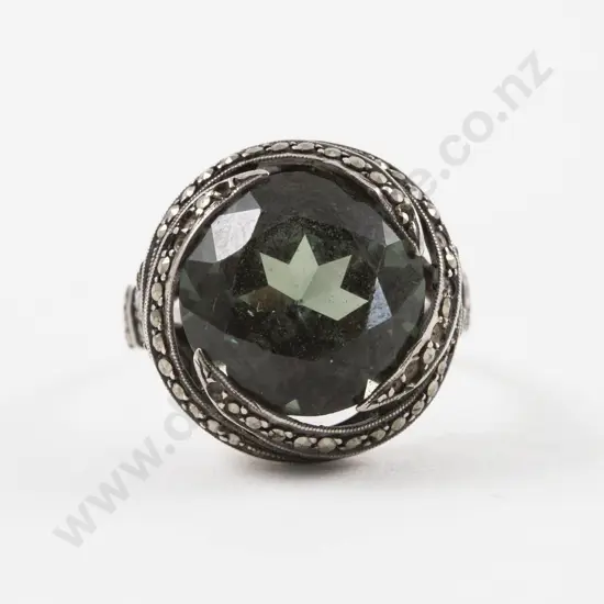 S/S Green Crystal and Marcasite Dress Ring