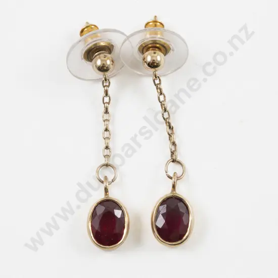 Pair 9ct Single Stone Ruby Glass Pendant Drop Earrings
