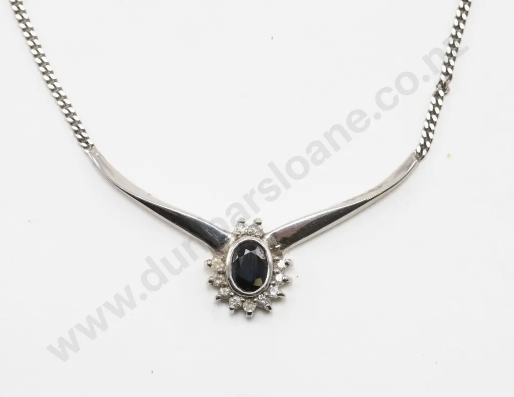 9ct White Gold Twelve Stone Diamond and Sapphire Cluster Pendant Image 1++