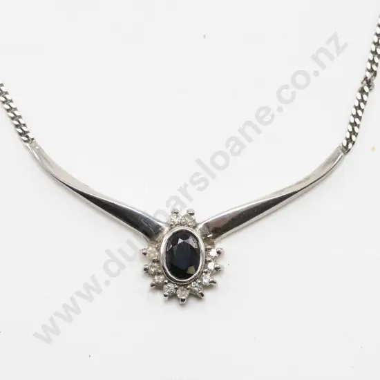 9ct White Gold Twelve Stone Diamond and Sapphire Cluster Pendant