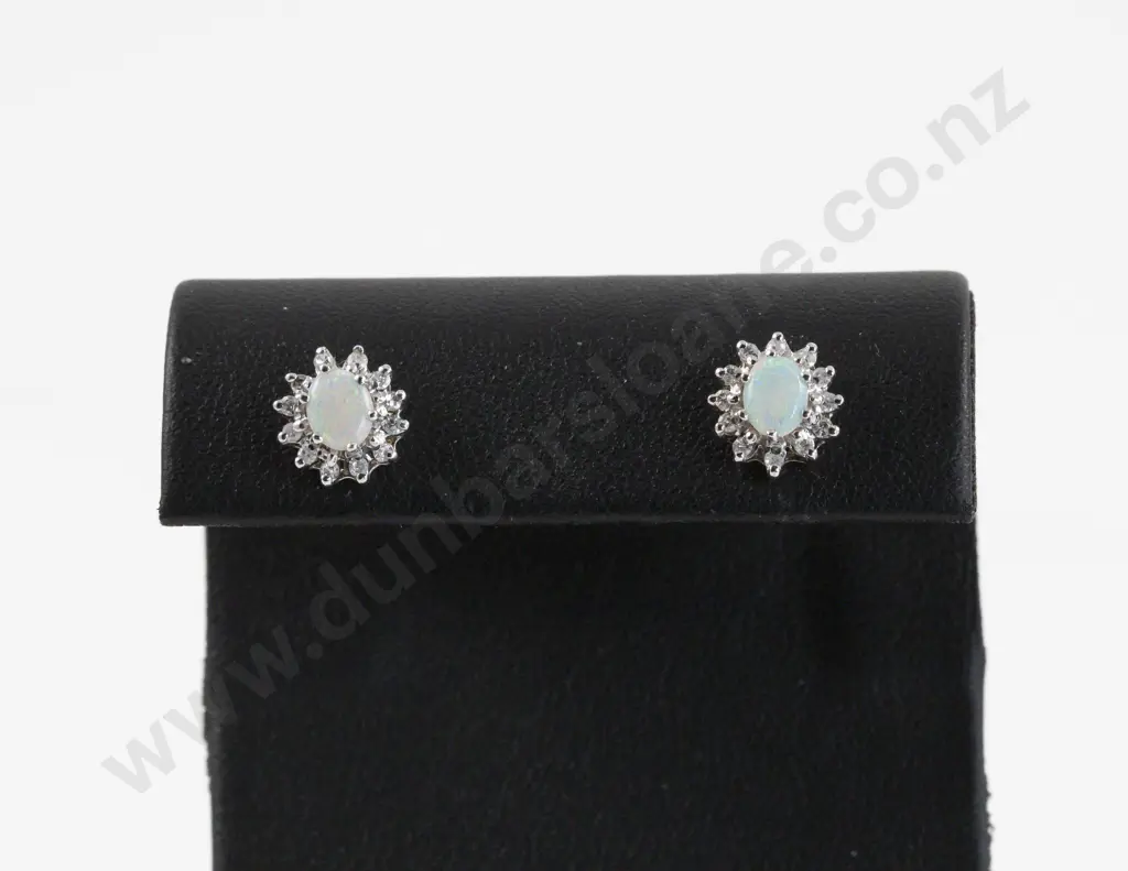 Pair 9ct White and Yellow Gold Diamond and Opal Cluster Stud Earrings Image 1++
