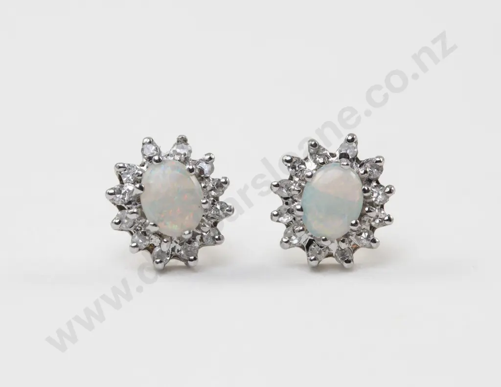 Pair 9ct White and Yellow Gold Diamond and Opal Cluster Stud Earrings Image 1++