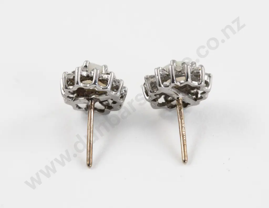 Pair 9ct White and Yellow Gold Diamond and Opal Cluster Stud Earrings Image 1++