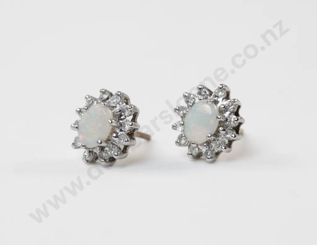 Pair 9ct White and Yellow Gold Diamond and Opal Cluster Stud Earrings Image 1++